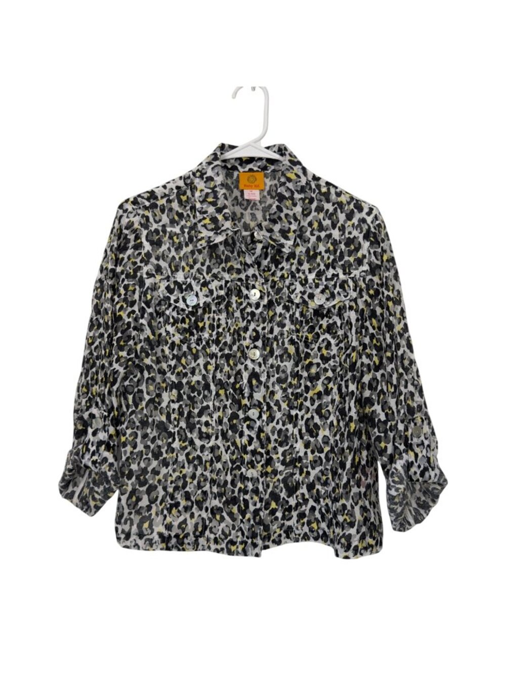 Ruby Rd. Womens Leopard Print Button-Up Jacket Size 12 Semi-Sheer 3/4 Sleeves